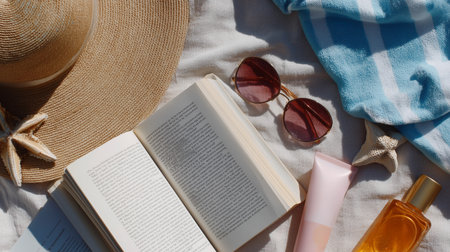 Relaxing day at the beach with a book, sunglasses, and sun care productsの素材