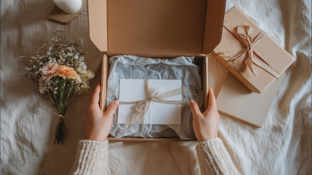 Gift box being opened with care on a cozy tableの素材