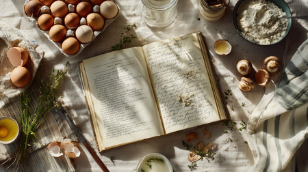 Morning sunlight shines on baking ingredients and vintage cookbookの素材