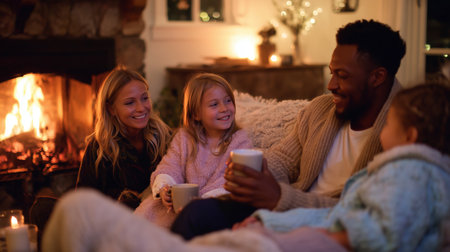 Family enjoying cozy evening by the fireplace during winter gatheringの素材