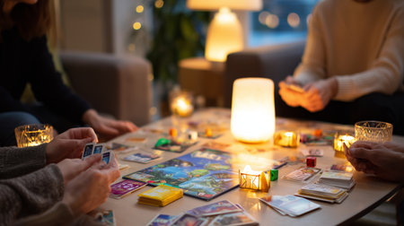 Friends enjoying a cozy game night with board games and cards by candlelightの素材