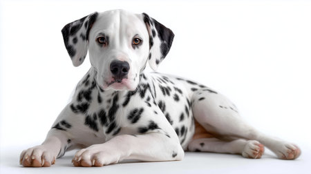 Dalmatian dog relaxing on a white background during a calm afternoon indoorsの素材