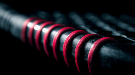 Close-up view of rubber grips on a black and red tennis racket in low lightの素材