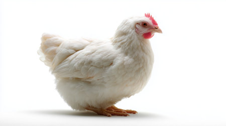 White hen standing on a light background in a calm settingの素材