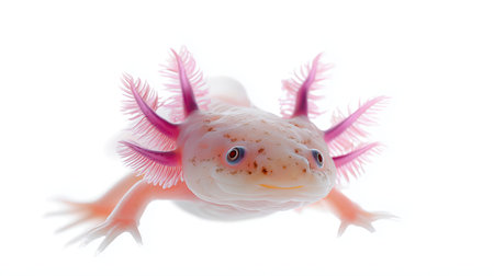 Unique axolotl with pink gills swimming in a bright underwater sceneの素材