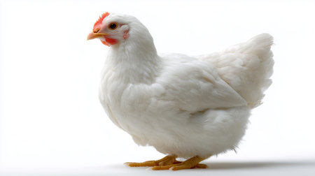 White chicken standing confidently on a plain background in bright lightの素材