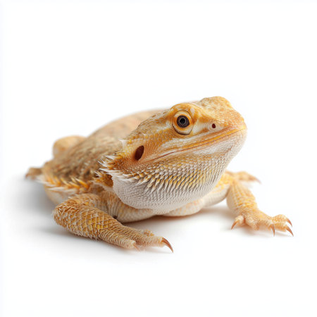 Bearded dragon resting on a white background in a calm and peaceful poseの素材
