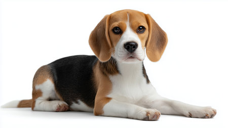 Beagle dog resting calmly on a white background showcasing its playful personalityの素材