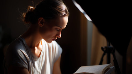 Woman reading a book in soft light during evening hours indoorsの素材