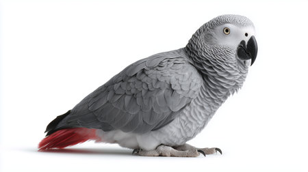 Beautiful gray parrot resting on the ground with striking red tail feathersの素材