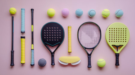 Colorful sports equipment arranged on a pink background for tennis and padel gamesの素材