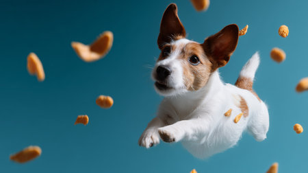 Dog jumping in the air to catch treats against a blue backgroundの素材