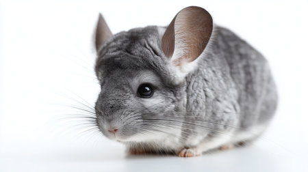 Cute gray chinchilla sitting quietly on a light surface in a cozy indoor settingの素材