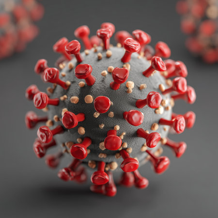 Microscopic view of a virus with red spikes on a dark backgroundの素材