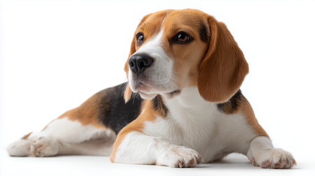 Beagle dog resting quietly indoors with a relaxed expression and soft lightingの素材