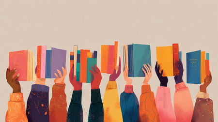 Diverse hands holding colorful books in celebration of reading and knowledge sharingの素材