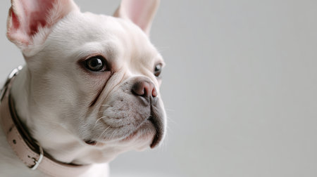 French bulldog sits calmly and poses for a close-up shot in a bright roomの素材