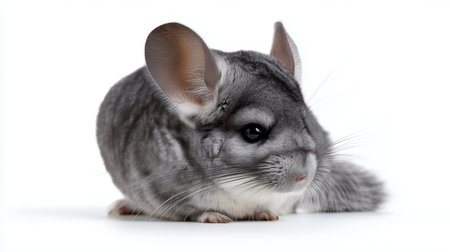 Chinchilla resting on a simple white background in a calm settingの素材