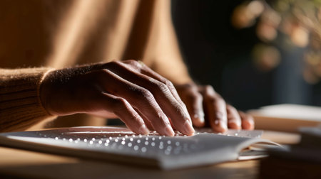 Person reading braille book in quiet indoor setting with soft lightの素材