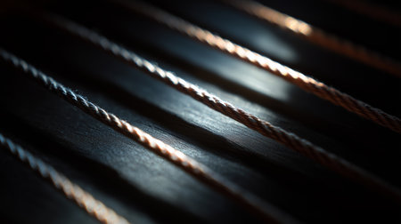 Rope fibers casting shadows on a dark surface in subtle lightの素材