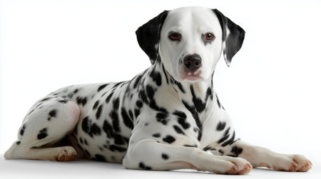 Dalmation dog resting on a white background displaying its unique coat patternの素材