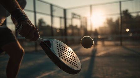 Sunset tennis player prepares to hit a ball on an outdoor court near the cityの素材