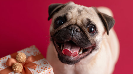 Happy pug with a gift smiling on a colorful backgroundの素材