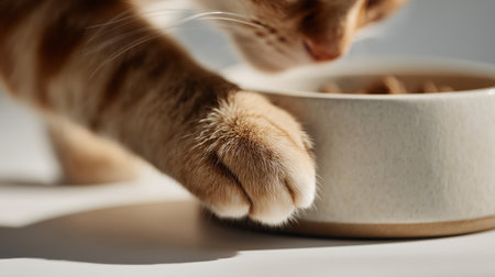 Curious cat reaching for food in a bowl on a bright, sunny surfaceの素材