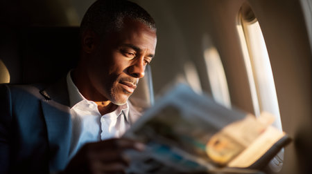 Man reads magazine during flight on an airplane in bright afternoon lightの素材