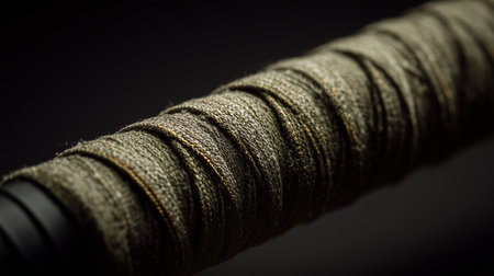 Close-up view of textured handle grip on a sports equipment in low light settingの素材