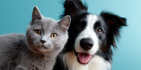 Friendly cat and dog enjoy time together against a light blue backgroundの素材
