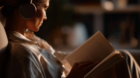 Reading a book while listening to music in a cozy, dimly lit room during the eveningの素材