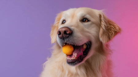 Golden retriever smiles with a ball in its mouth in a colorful studio settingの素材