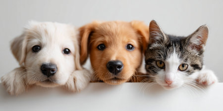 Three adorable puppies and a kitten enjoying a playful moment togetherの素材