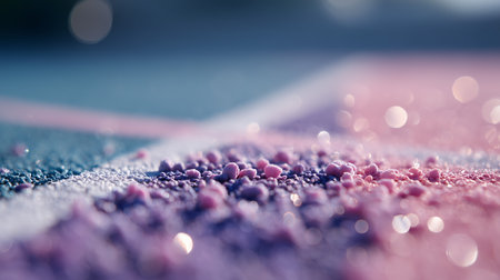 Close-up of colorful sand on a vibrant tennis court during twilight hoursの素材