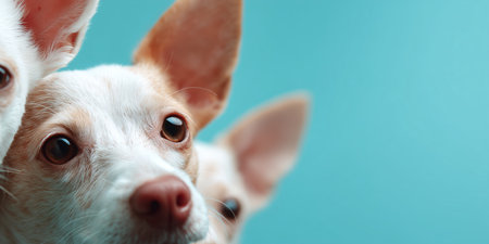 Cute small dogs with big ears looking at the camera against a blue backgroundの素材
