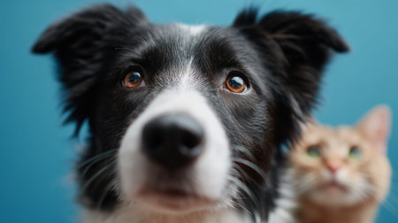 Close-up of a black and white dog with an orange cat in the background indoorsの素材