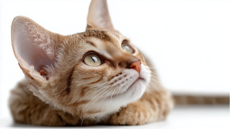 Curious cat gazes upward with intense focus in bright lightの素材