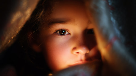 Child peeking through fabric, capturing a moment of curiosity and innocence indoorsの素材