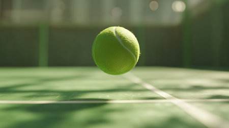 Bright green tennis ball bouncing on a court in afternoon sunlightの素材