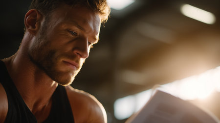 Young man reading a book while training in a gym during late afternoon lightの素材