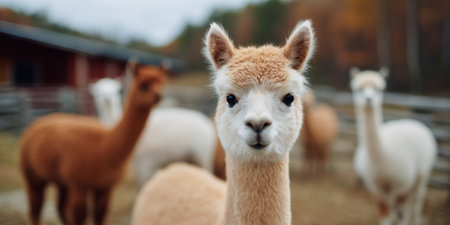 Alpacas standing in a farm setting during a cloudy autumn dayの素材