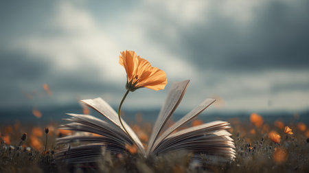 Open book with a flower growing in a field under a cloudy sky during daytimeの素材