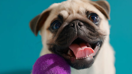 Playful pug puppy with a purple toy on a bright blue backgroundの素材
