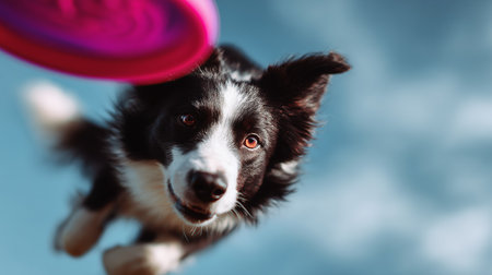 Dog jumps to catch a frisbee in a sunny park on a clear dayの素材