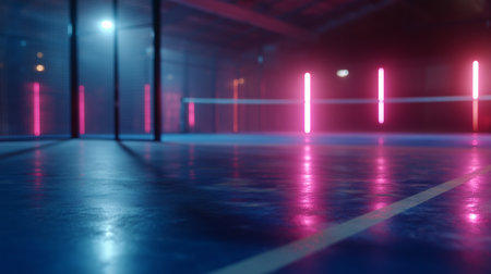 Neon-lit indoor sports facility with reflective floor creating a vibrant atmosphereの素材