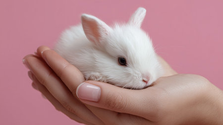 Soft white bunny resting gently in a persons hand against a pink backgroundの素材