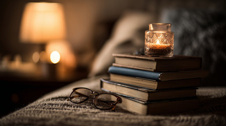 Cozy reading corner with stacked books and warm candlelight in a serene bedroomの素材