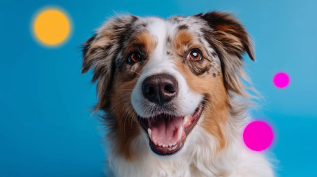 Happy dog with a colorful background showcasing joy and playfulness in a studio settingの素材