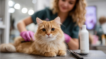 Cat grooming session at a pet salon with a skilled groomer and fluffy felineの素材
